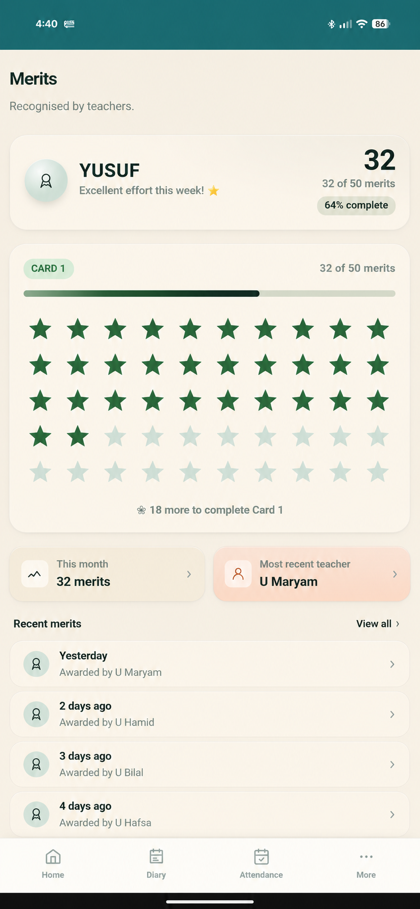 Parent portal — merits view showing 32 of 50 stars on the current card.